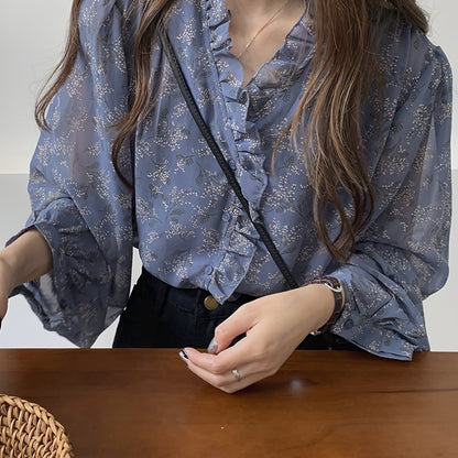 Sixsr Allover Print Ruffle Trim Blouse, Elegant Long Sleeve Blouse For Spring & Fall, Women's Clothing