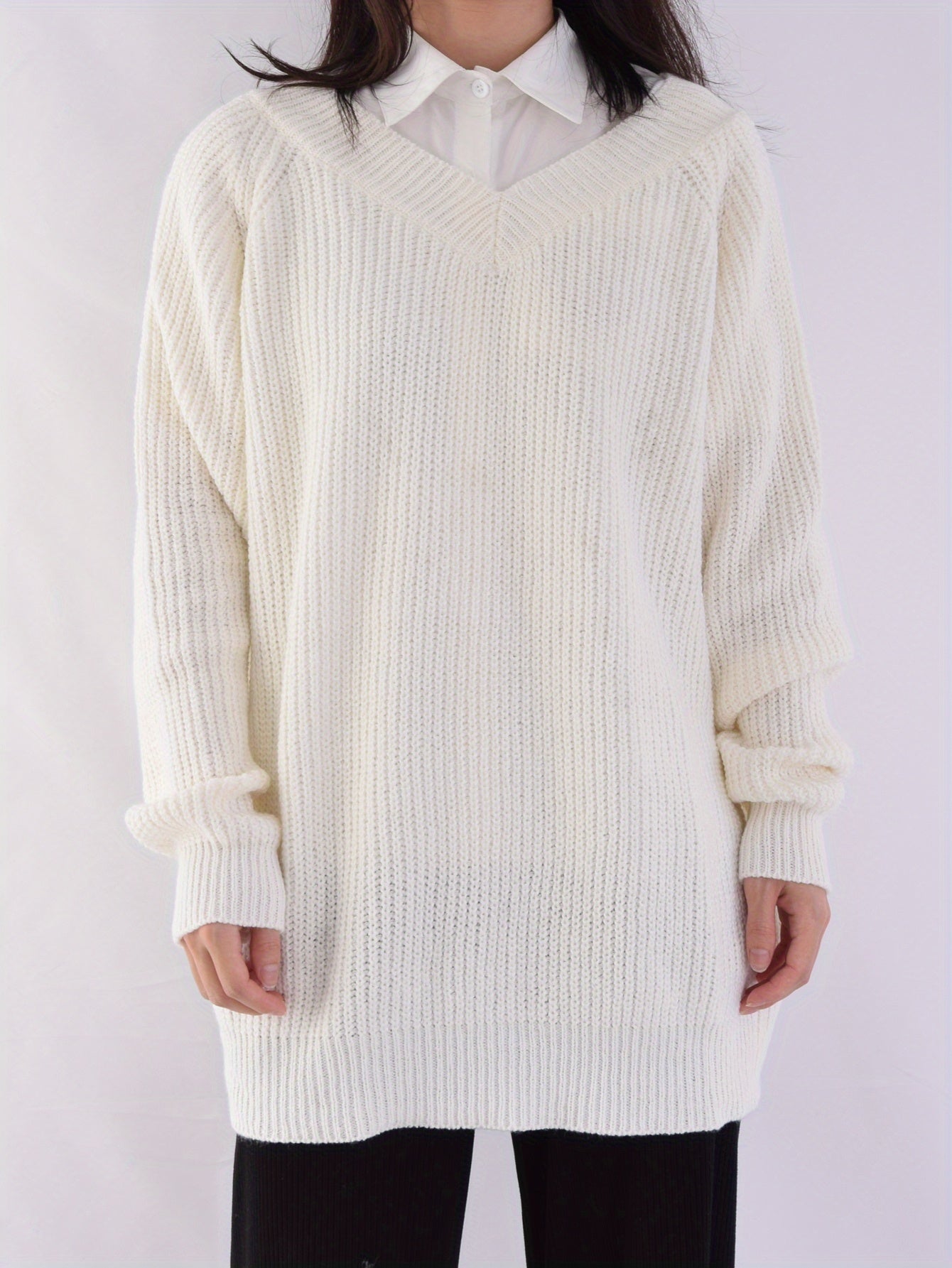 Sixsr Back Button V Neck Sweater, Casual Long Sleeve Sweater For Fall & Winter, Women's Clothing