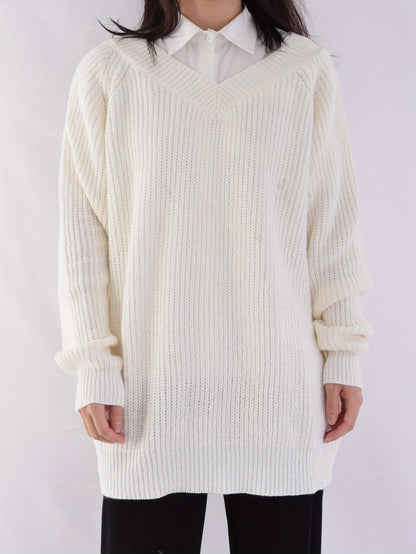 Sixsr Back Button V Neck Sweater, Casual Long Sleeve Sweater For Fall & Winter, Women's Clothing