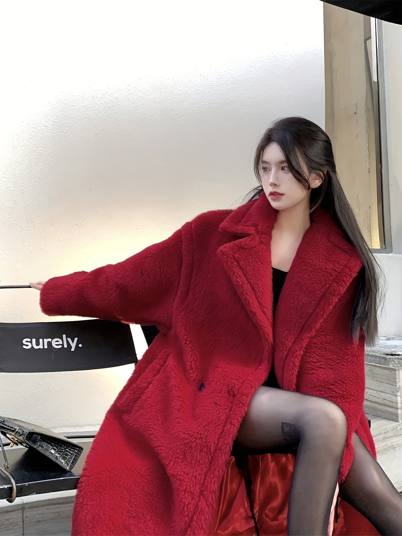 Sixsr Winter Lapel Teddy Overcoat, Long Length Solid Casual Coat, Women's Clothing