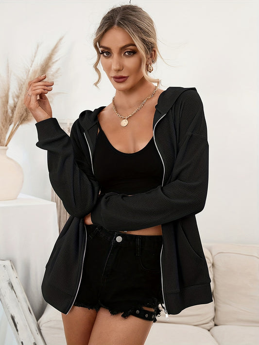 Sixsr Waffle Knit Kangaroo Pocket Hoodie, Casual Solid Comfy Zipper Hoodies Sweatshirt, Women's Clothing
