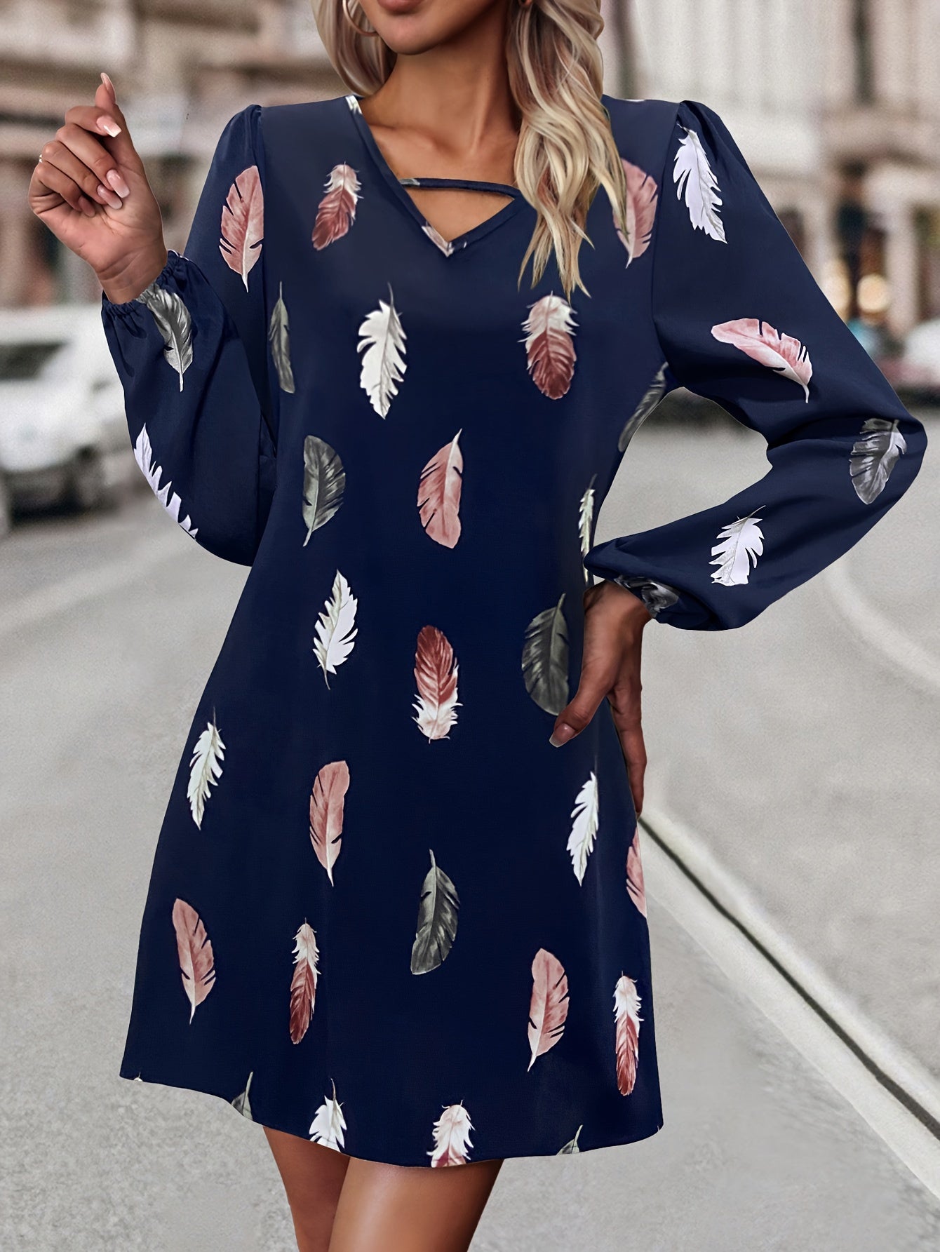 Sixsr Feather Print Lantern Sleeve Dress, V Neck A-line Dress, Women's Clothing