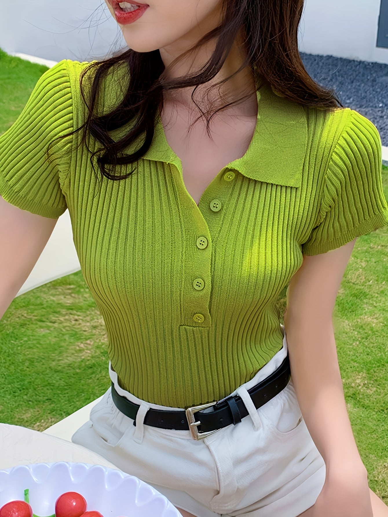 Sixsr Ribbed Polo Collar Button Front T-Shirt, Casual Short Sleeve Top For Spring & Summer, Women's Clothing