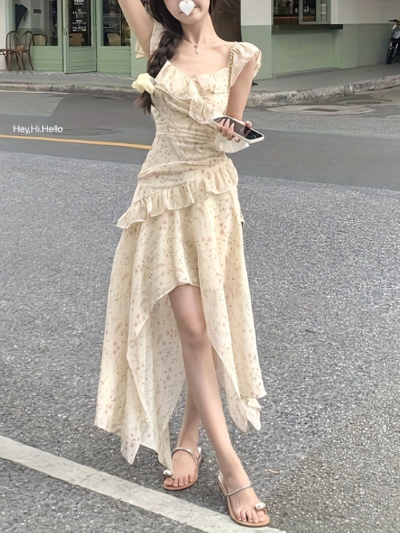 Sixsr Allover Print Ruffle Trim Dress, Versatile Asymmetrical Hem Dress For Spring & Summer, Women's Clothing