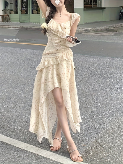 Sixsr Allover Print Ruffle Trim Dress, Versatile Asymmetrical Hem Dress For Spring & Summer, Women's Clothing