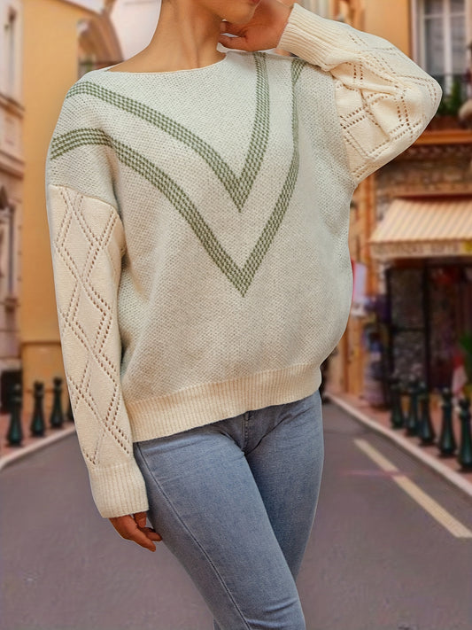 Sixsr Plus Size Casual Sweater, Women's Plus Stripe Print Long Sleeve Round Neck Jumper