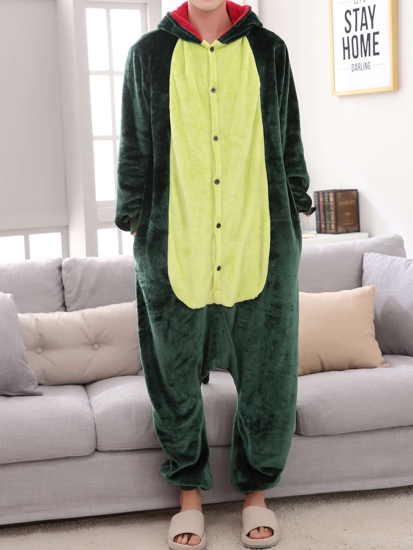 Sixsr one piece Men's Thick Fleece Dinosaur Hooded Pajamas with Pockets - Cozy Loungewear for Winter Nights