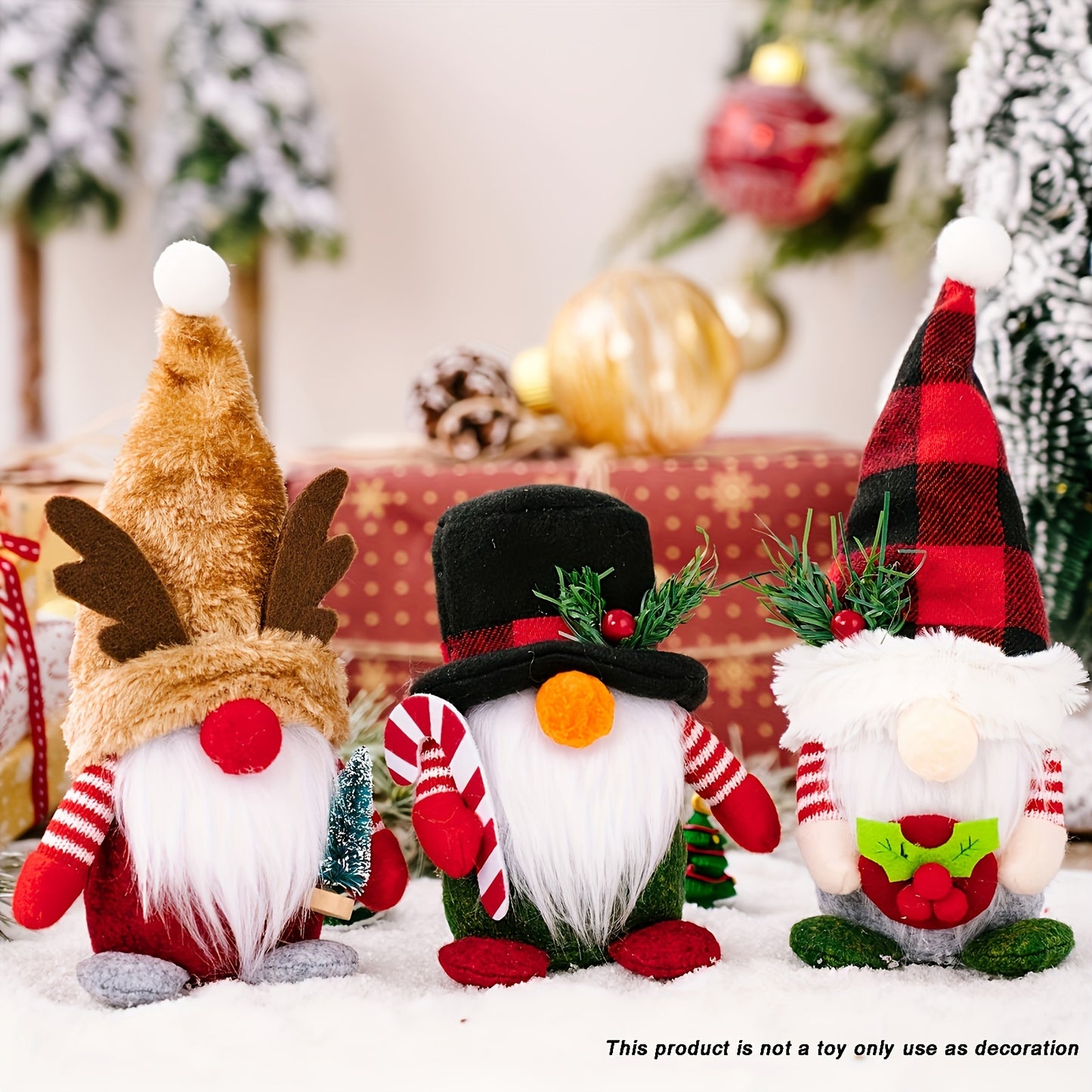 3Pcs Deer Antler Dwarf Rudolf Dolls, Plaid Hats, Elegant Decorative Tabletop Faceless Dwarf Standing Christmas Decorations