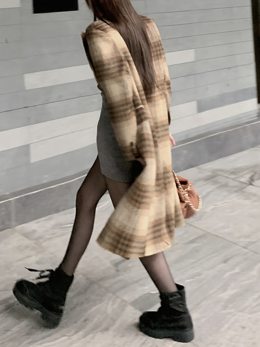 Sixsr Plaid Print Double-breasted Coat, Elegant Notched Collar Long Sleeve Knee Length Coat, Women's Clothing