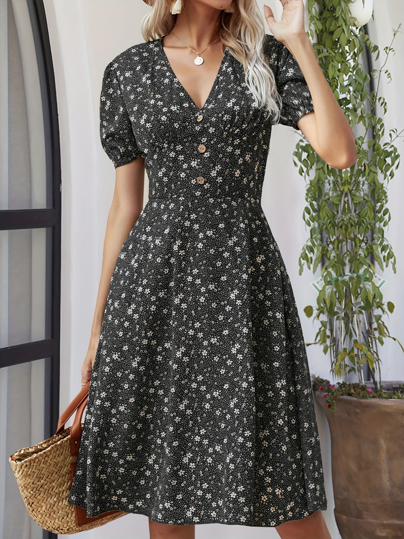 Floral Print V Neck Dress, Elegant Short Sleeve Dress For Spring & Summer, Women's Clothing