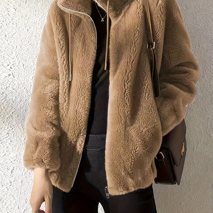 Sixsr Drawstring Teddy Coat, Casual Zip Up Long Sleeve Warm Outerwear, Women's Clothing