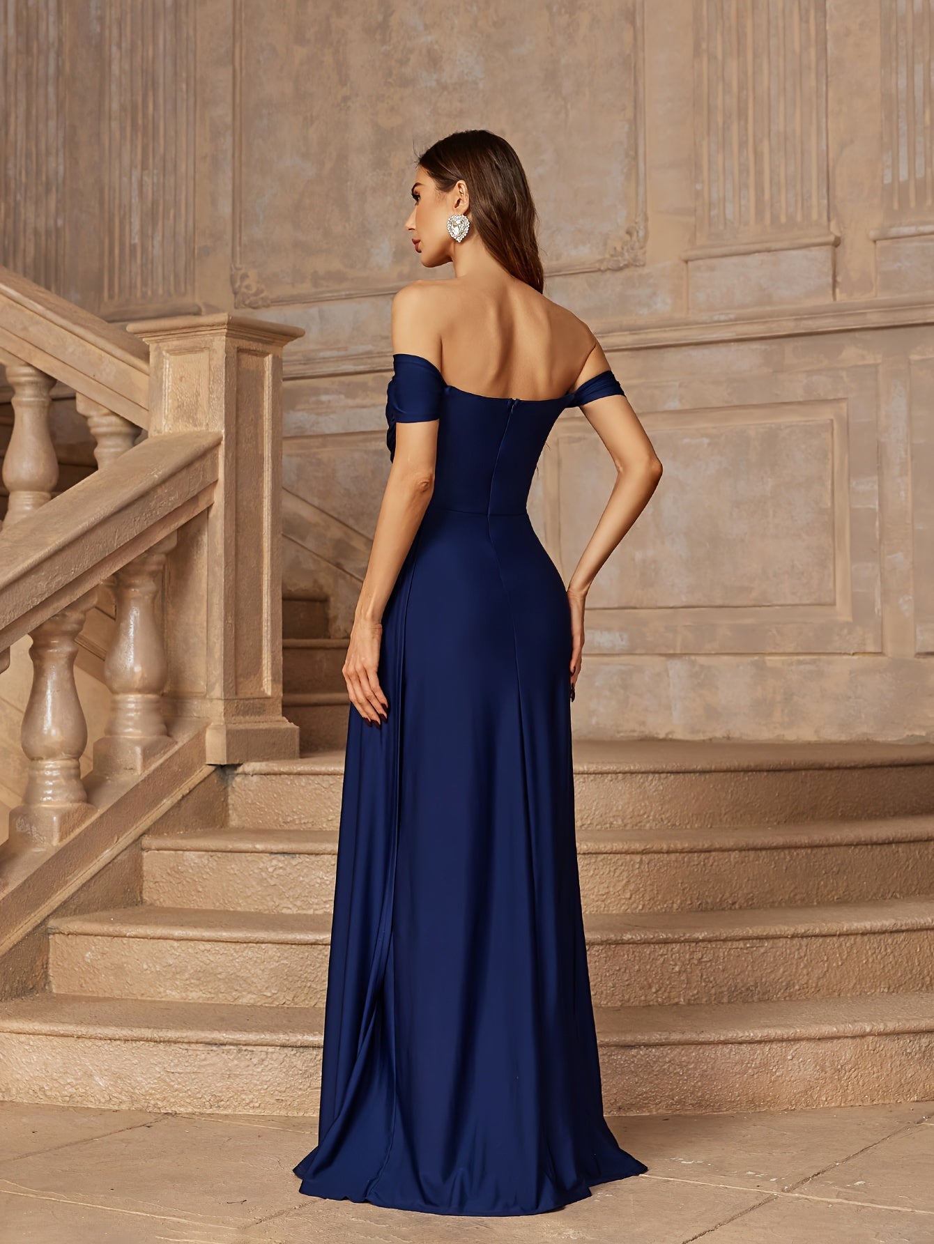 Solid Off Shoulder Dress, Elegant Ruched Split Evening Dress For Party & Banquet, Women's Clothing