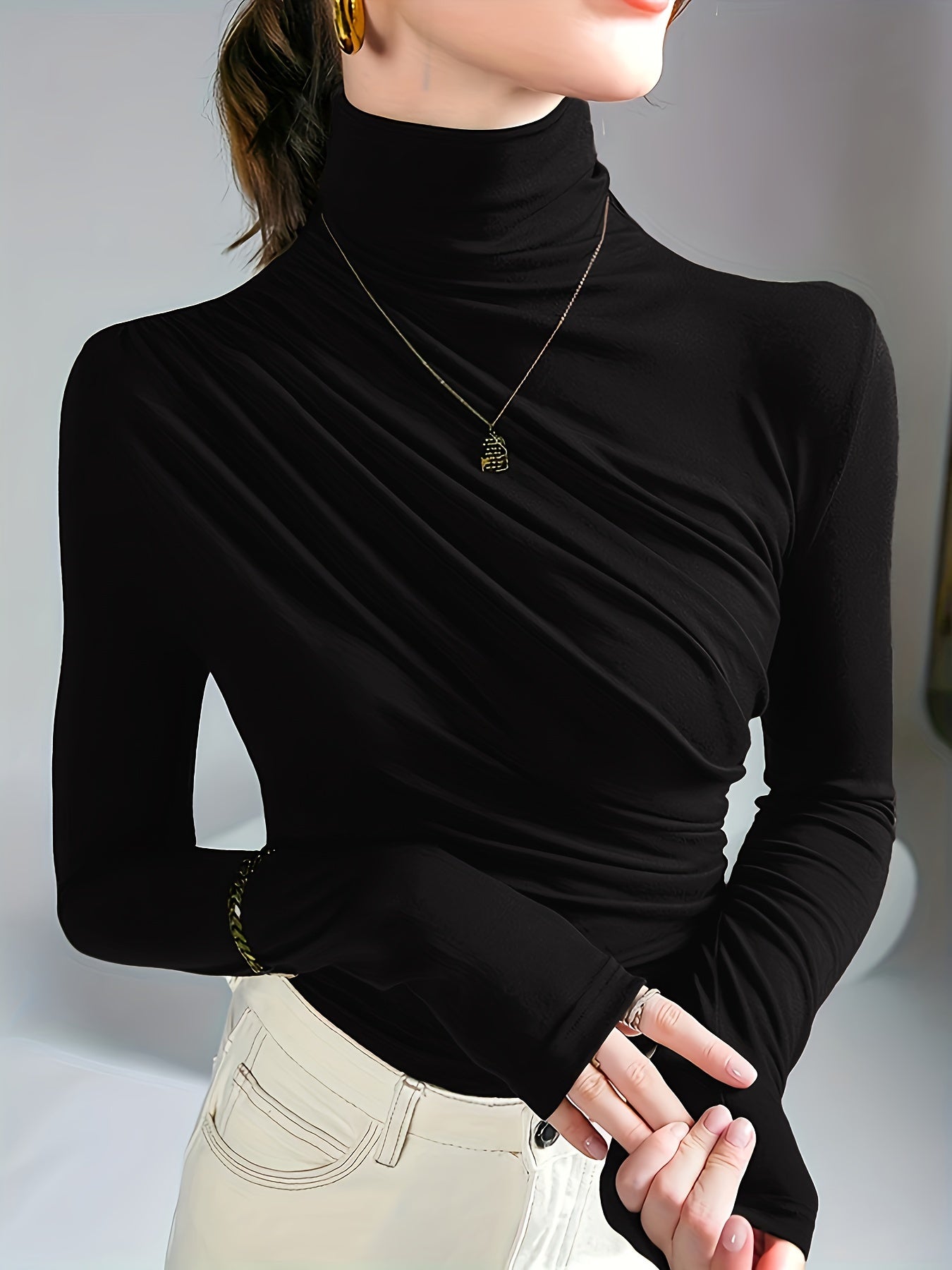 Sixsr Solid Ruched Mock Neck T-Shirt, Elegant Long Sleeve Top For Spring & Fall, Women's Clothing