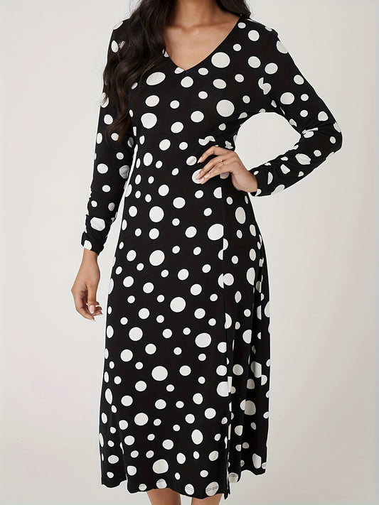 Sixsr Polka Dot Print Long Sleeve Dress, Casual V Neck Split Hem Dress For Spring & Fall, Women's Clothing