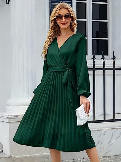 Sixsr Surplice Neck Pleated Dress, Elegant Long Sleeve Dress For Spring & Fall, Women's Clothing