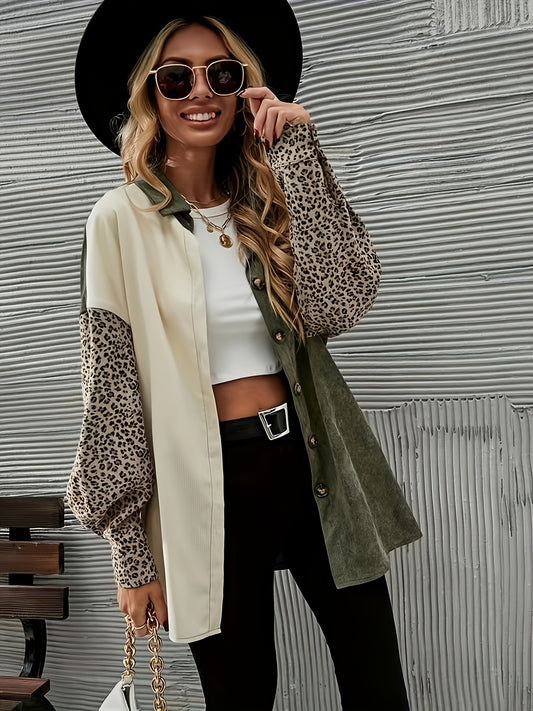 Sixsr Leopard Print Color Block Jacket, Casual Flap Pockets Lantern Sleeve Outwear For Spring & Fall, Women's Clothing