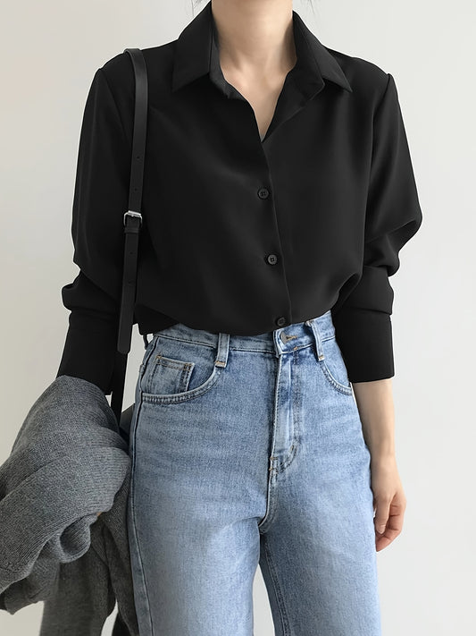 Sixsr Solid Button Front Simple Shirt, Versatile Long Sleeve Shirt For Spring & Fall, Women's Clothing