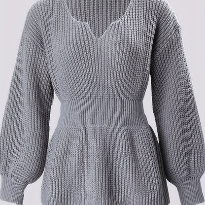 Sixsr Solid Notched Neck Knit Sweater, Elegant Cinched Waist Ruffle Long Sleeve Sweater, Women's Clothing