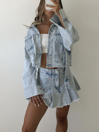 Adjustable Strap Flap Pocket Versatile Denim Coat, Long Sleeve Lapel Plain Washed Blue Denim Jacket, Women's Denim Jeans & Clothing