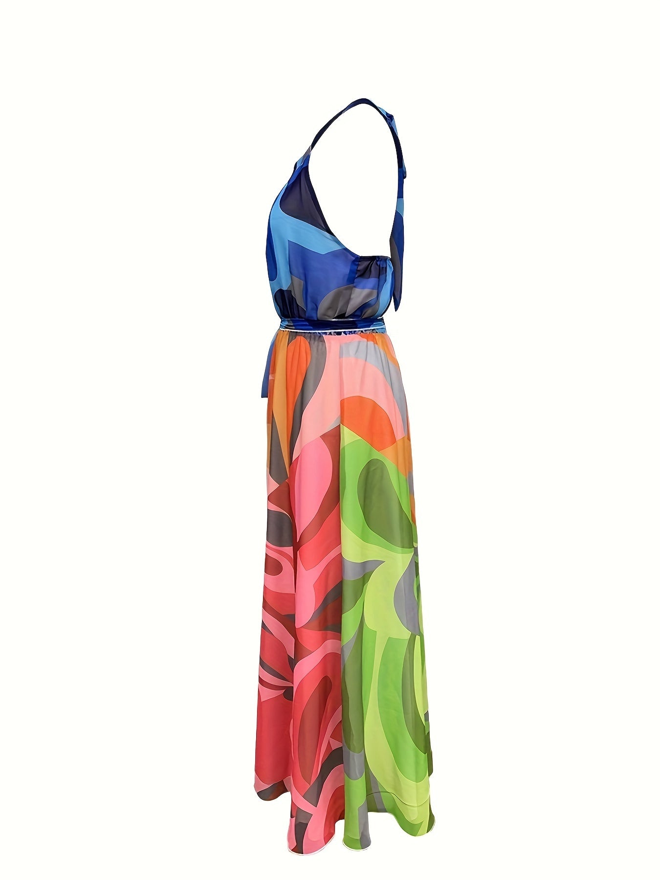 Colorful Allover Print Halter Dress, Vacation Sleeveless Tie Backless Dress, Women's Clothing