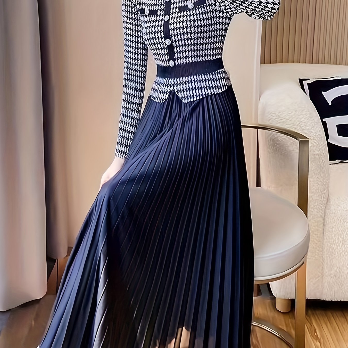 Sixsr Houndstooth Print Pleated Dress, Elegant Crew Neck Short Sleeve Dress, Women's Clothing