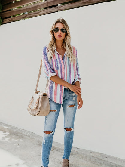 Casual Striped Shirt, Button Up Top For Spring & Fall, Women's Clothing