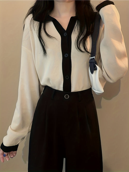 Sixsr Color Block Button Front Cardigan, Casual Long Sleeve Outwear, Women's Clothing