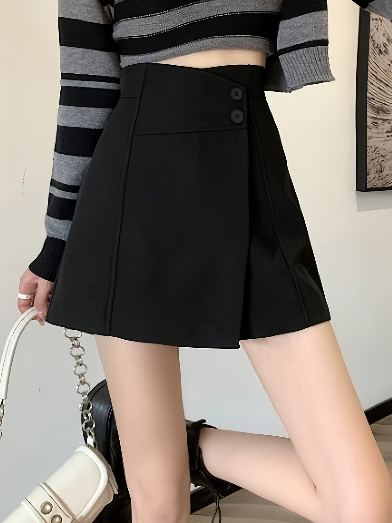 Sixsr Solid High Waist Skort, Casual Button Loose Skorts, Women's Clothing