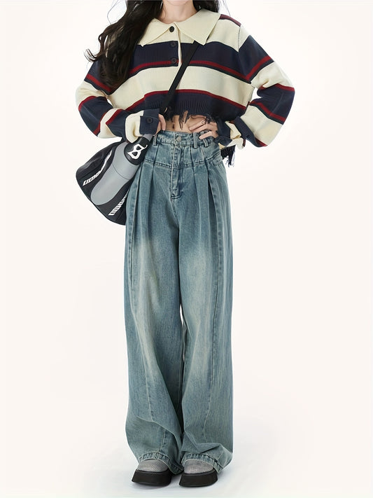 Sixsr Y2K Striped Button Polo Collar Sweater, Raw Hem Long Sleeve Crop Loose Sweater, Women's Clothing