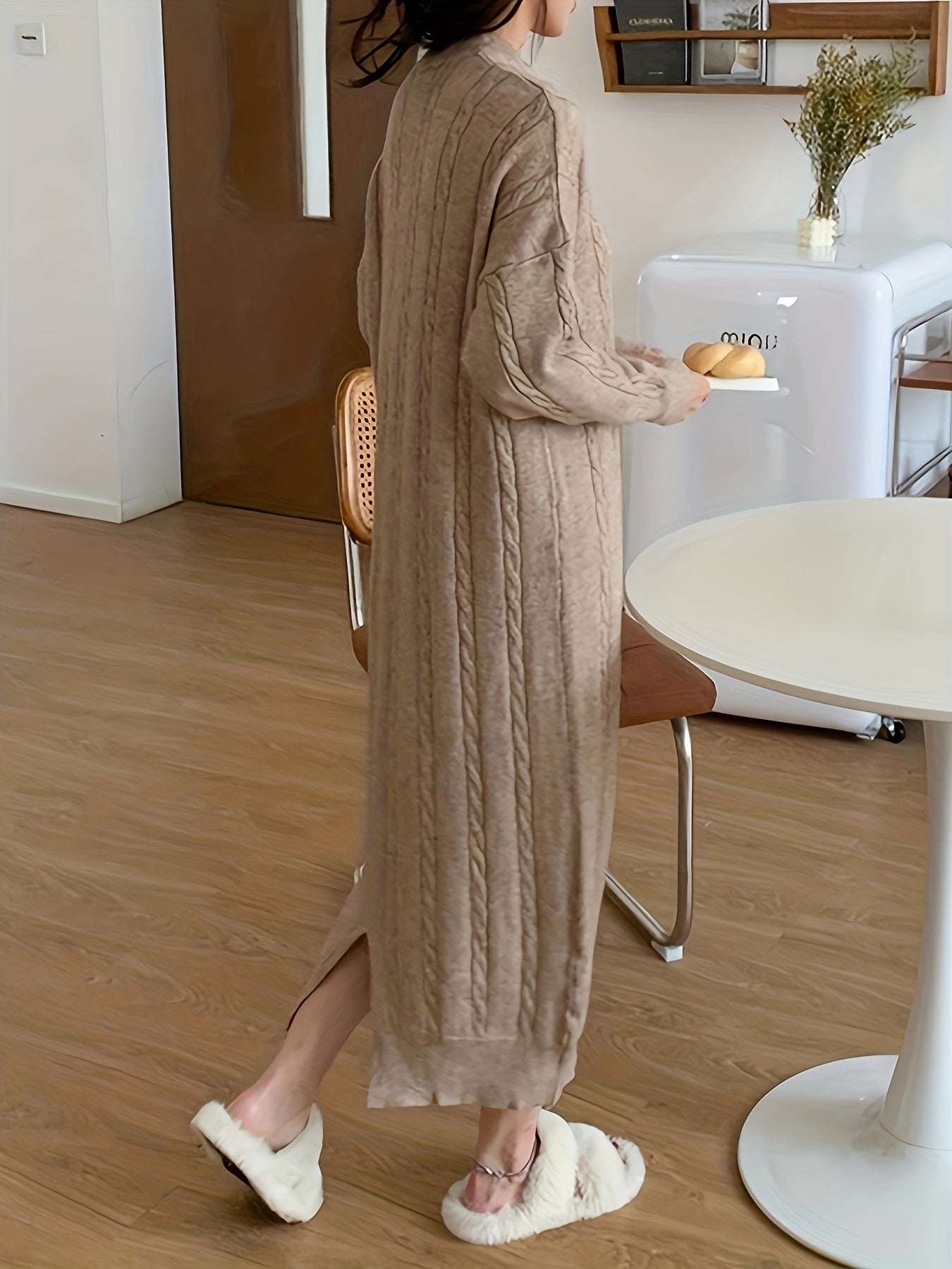 Sixsr Cable Knit Maxi Dress, Elegant Crew Neck Long Sleeve Dress, Women's Clothing