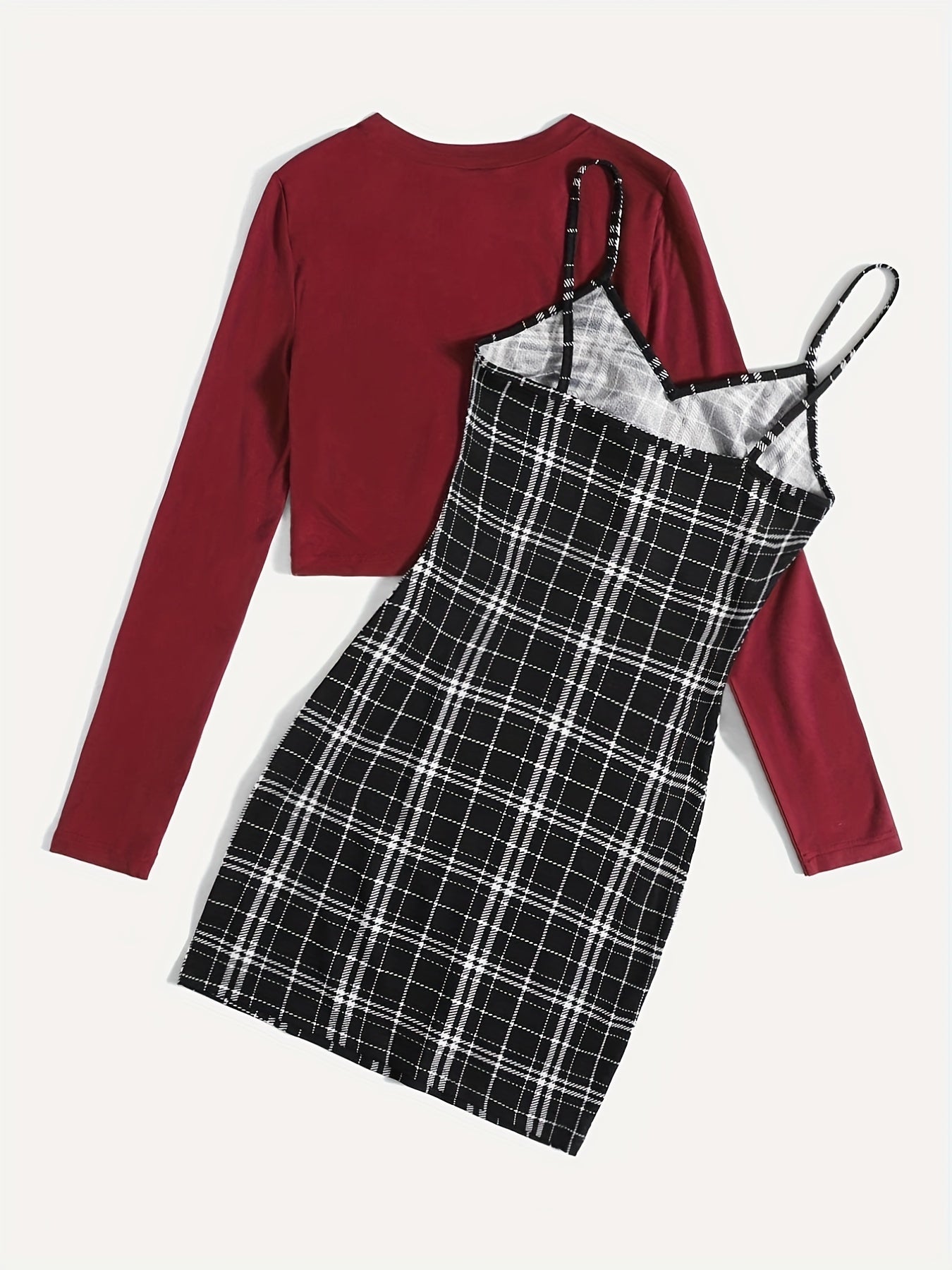 Preppy Two-piece Set, Solid Simple Long Sleeve Tops & Plaid Print Spaghetti Strap Dress Outfits, Women's Clothing