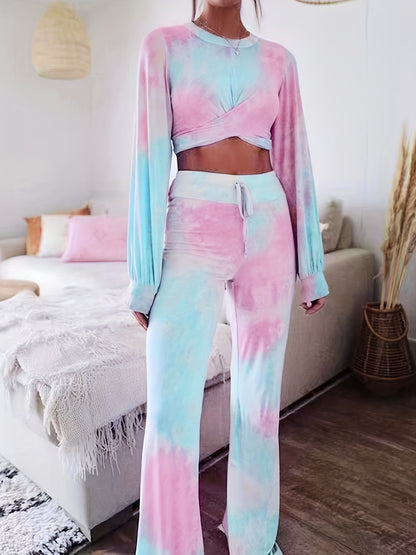 two-piece Tie Dye Casual Set - Long Sleeve Crop Top & Flare Leg Pants for Women's Comfortable & Stylish Outfits