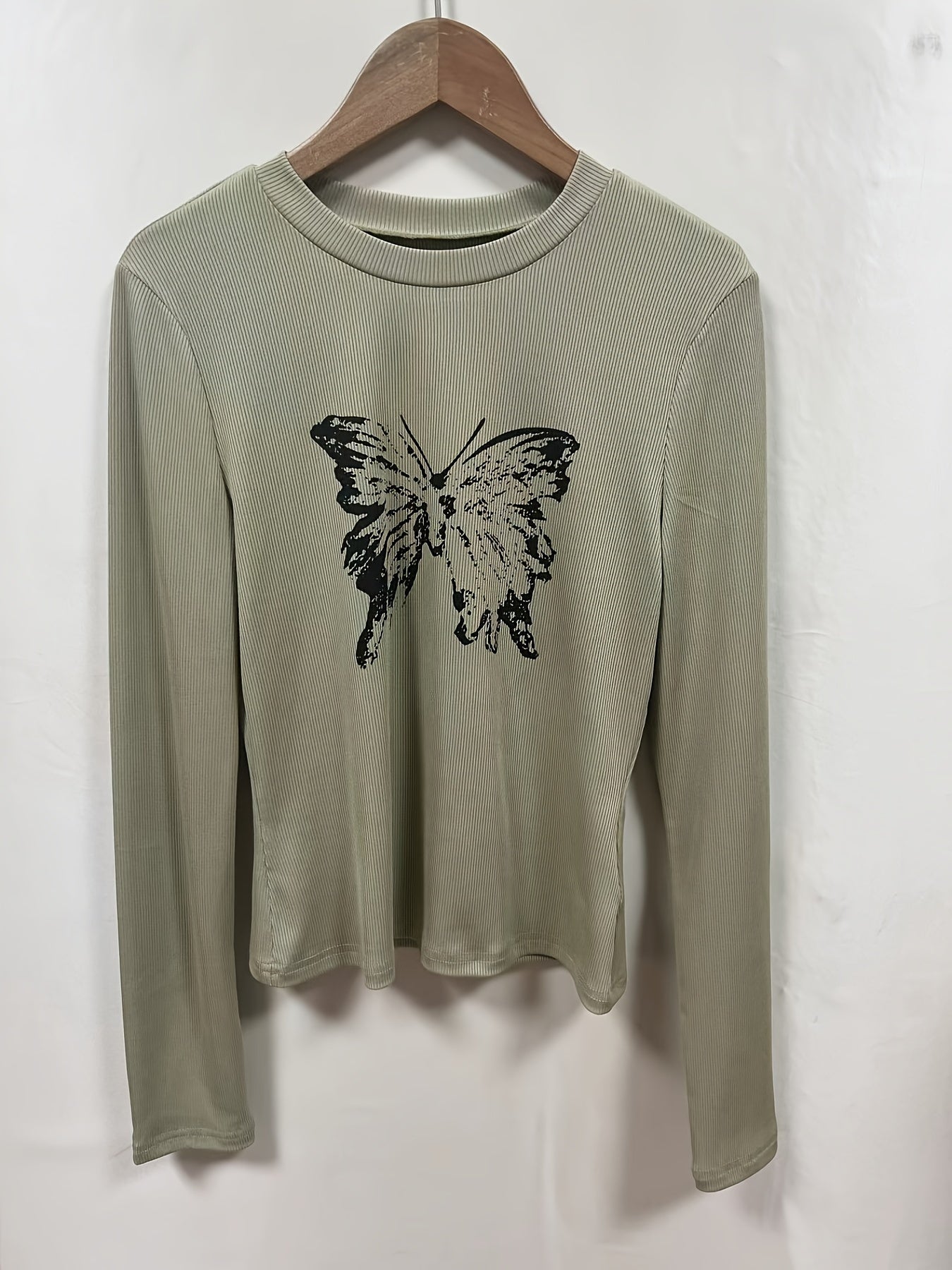 Sixsr Butterfly Print Crew Neck T-shirt, Y2K Long Sleeve Top For Spring & Fall, Women's Clothing