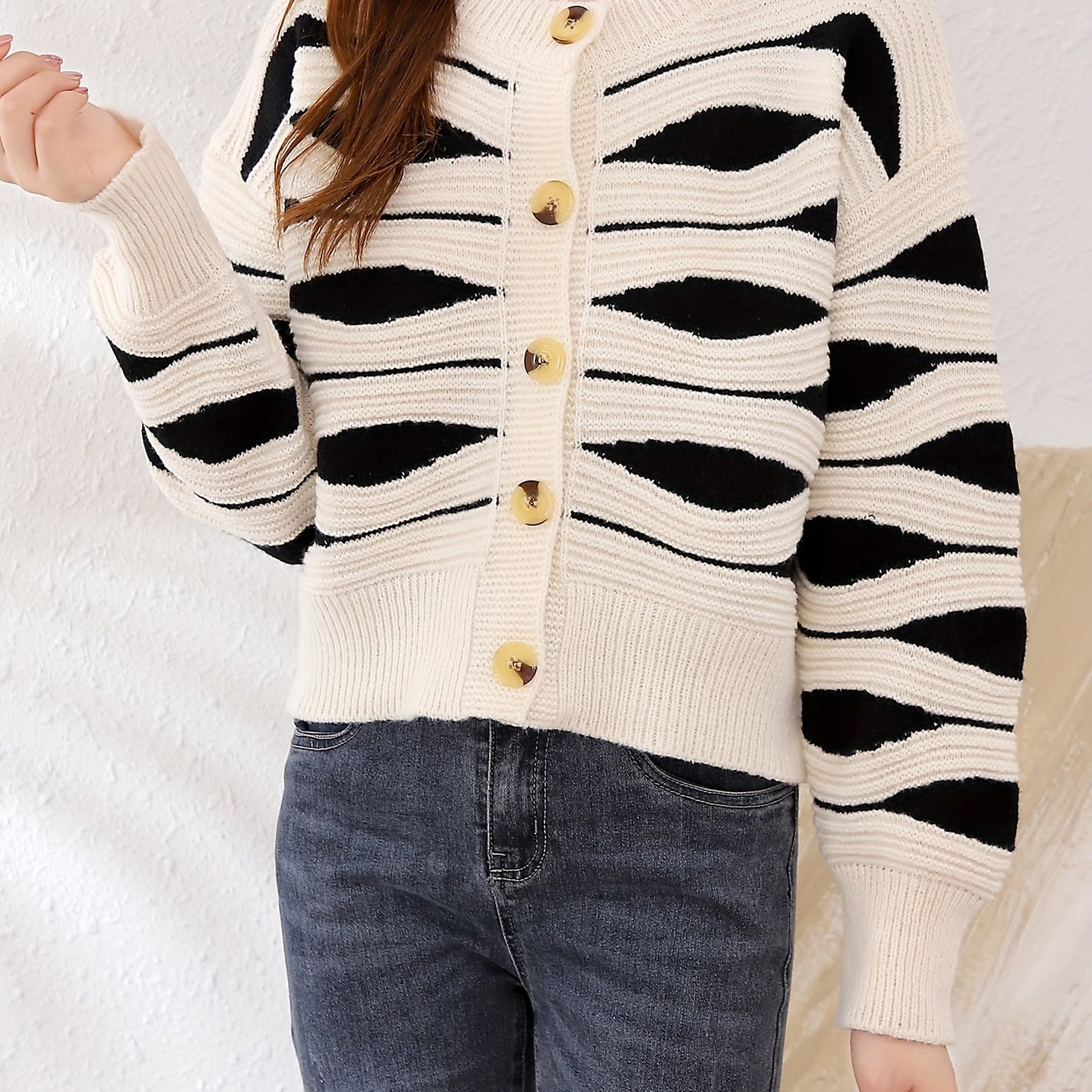 Sixsr Graphic Pattern Button Down Knit Cardigan, Elegant Long Sleeve Sweater Outwear, Women's Clothing