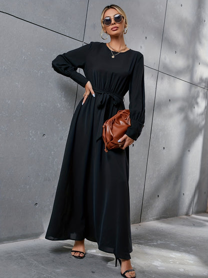 Sixsr Solid Simple Dress, Elegant Crew Neck Long Sleeve Maxi Dress, Women's Clothing