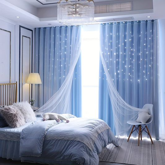 Twin-Layer Modern Star Hollow Curtains - Soft, Breathable, Light-Blocking, Thermal Insulated, Stylish Decor for Living Room, Bedroom, Study Room, and Home Office