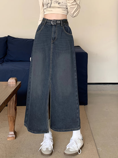 Sixsr High Waist Split Denim Maxi Skirt, Slant Pockets A-Line Washed Denim Skirt, Women's Denim Clothing