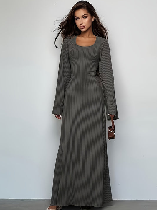 Sixsr Solid Flared Long Sleeve Dress, Casual Squared Neck Maxi Dress, Women's Clothing