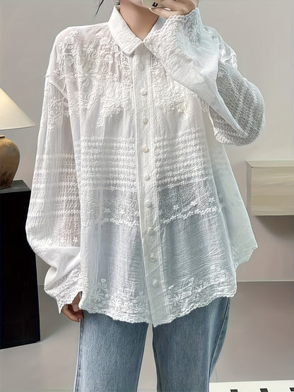 Sixsr Floral Pattern Button Front Blouse, Casual Long Sleeve Blouse For Spring & Fall, Women's Clothing