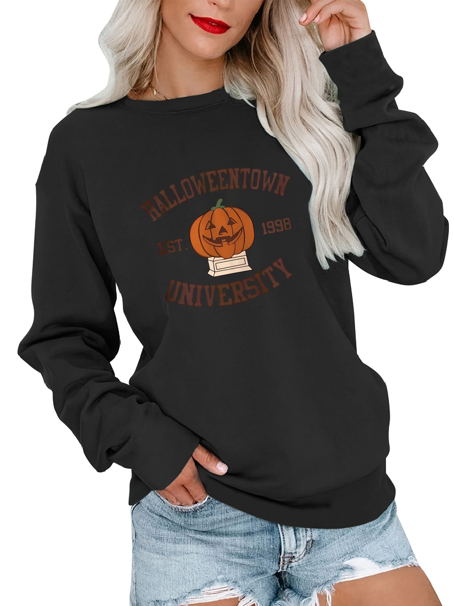 Sixsr Plus Size Halloween Casual Sweatshirt, Women's Plus Pumpkin & Letter Print Long Sleeve Medium Stretch Pullover Top