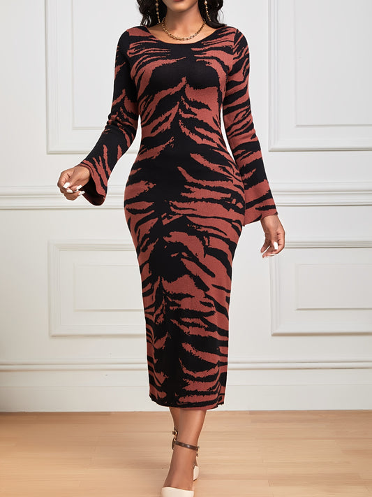 Sixsr Allover Print Crew Neck Bodycon Dress, Elegant Long Sleeve Midi Dress, Women's Clothing