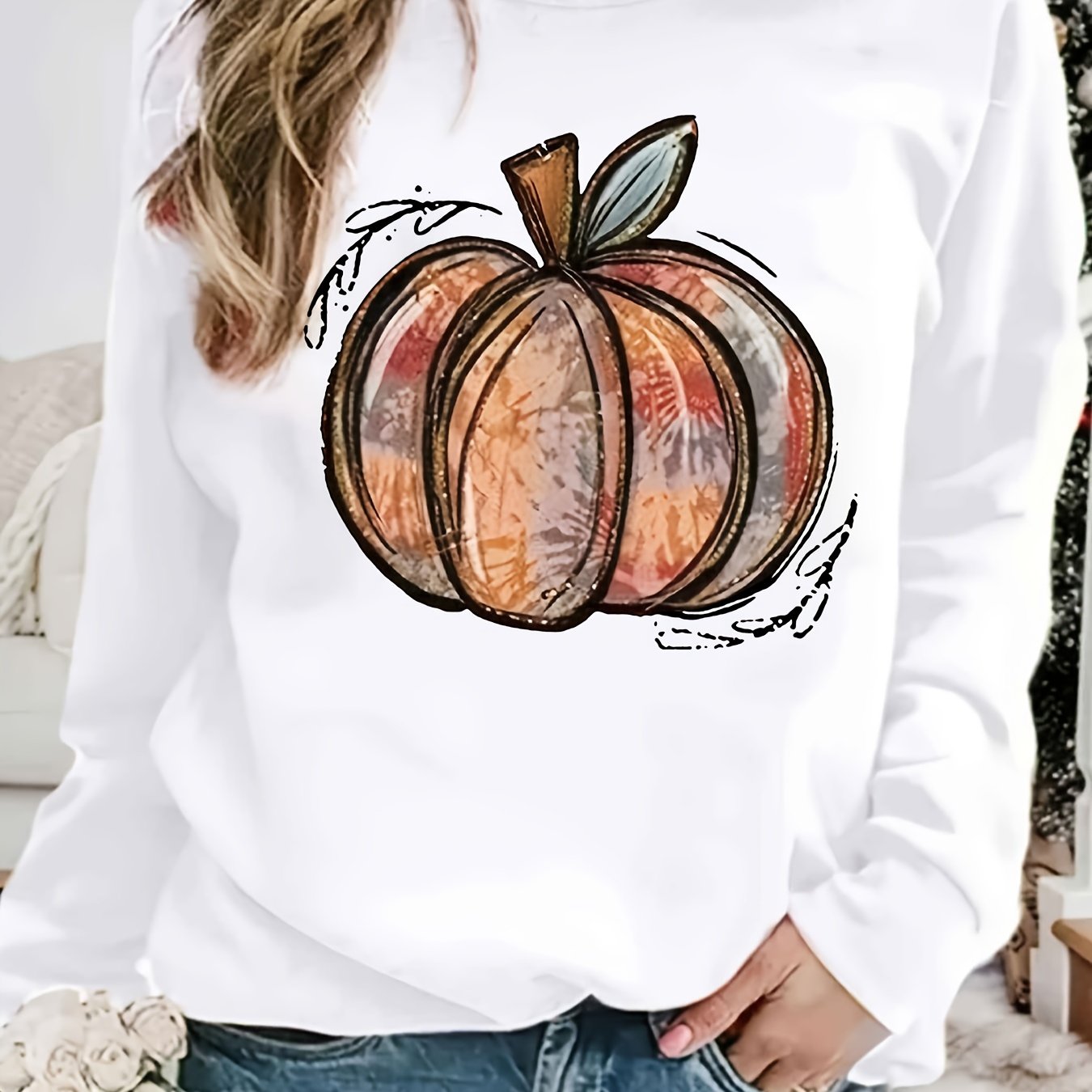 Sixsr Halloween Pumpkin Print Sweatshirt, Casual Long Sleeve Crew Neck Sweatshirt, Women's Clothing