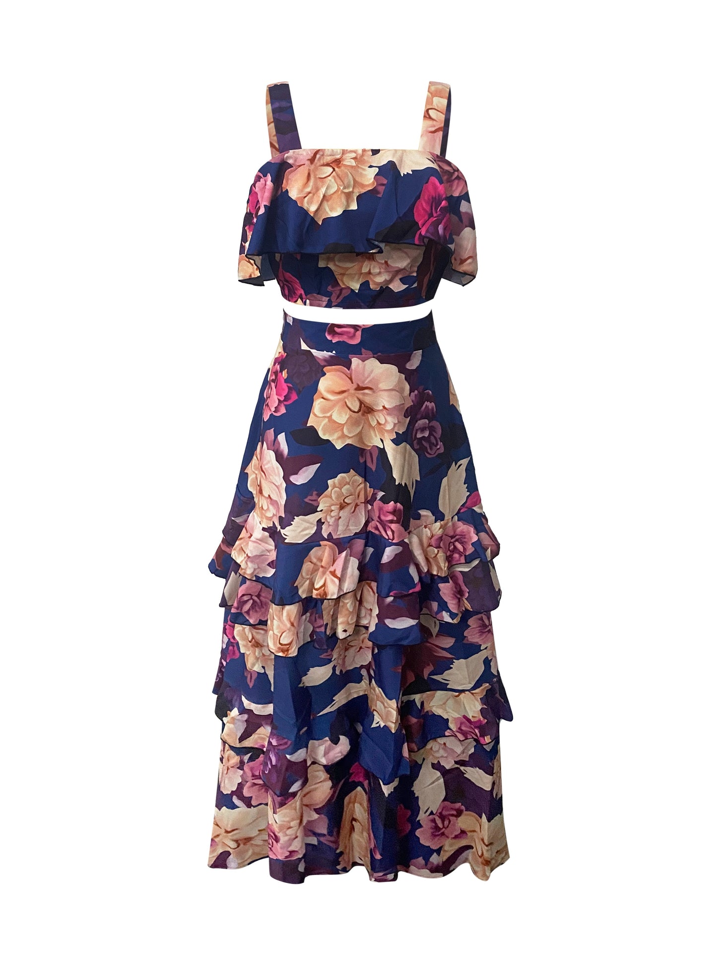 Sixsr  Floral Print Two-piece Skirt Set, Crop Tank Top & Layered Skirt Outfits, Women's Clothing