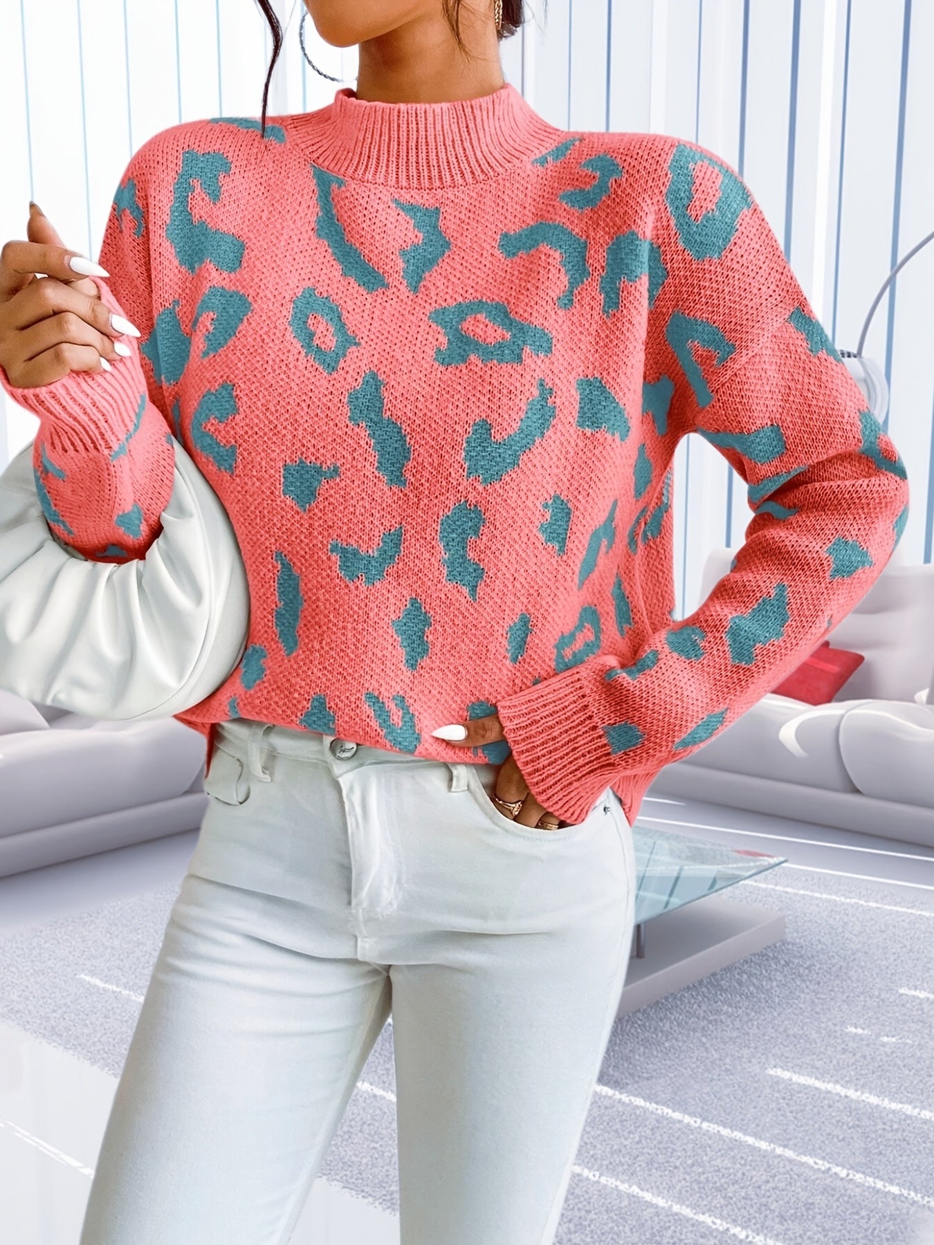 Sixsr Graphic Pattern Mock Neck Pullover Sweater, Casual Long Sleeve Sweater, Women's Clothing