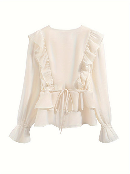 Sixsr Ruffle Trim V Neck Tiered Blouse, Chic Lantern Sleeve Tied Blouse For Spring & Fall, Women's Clothing
