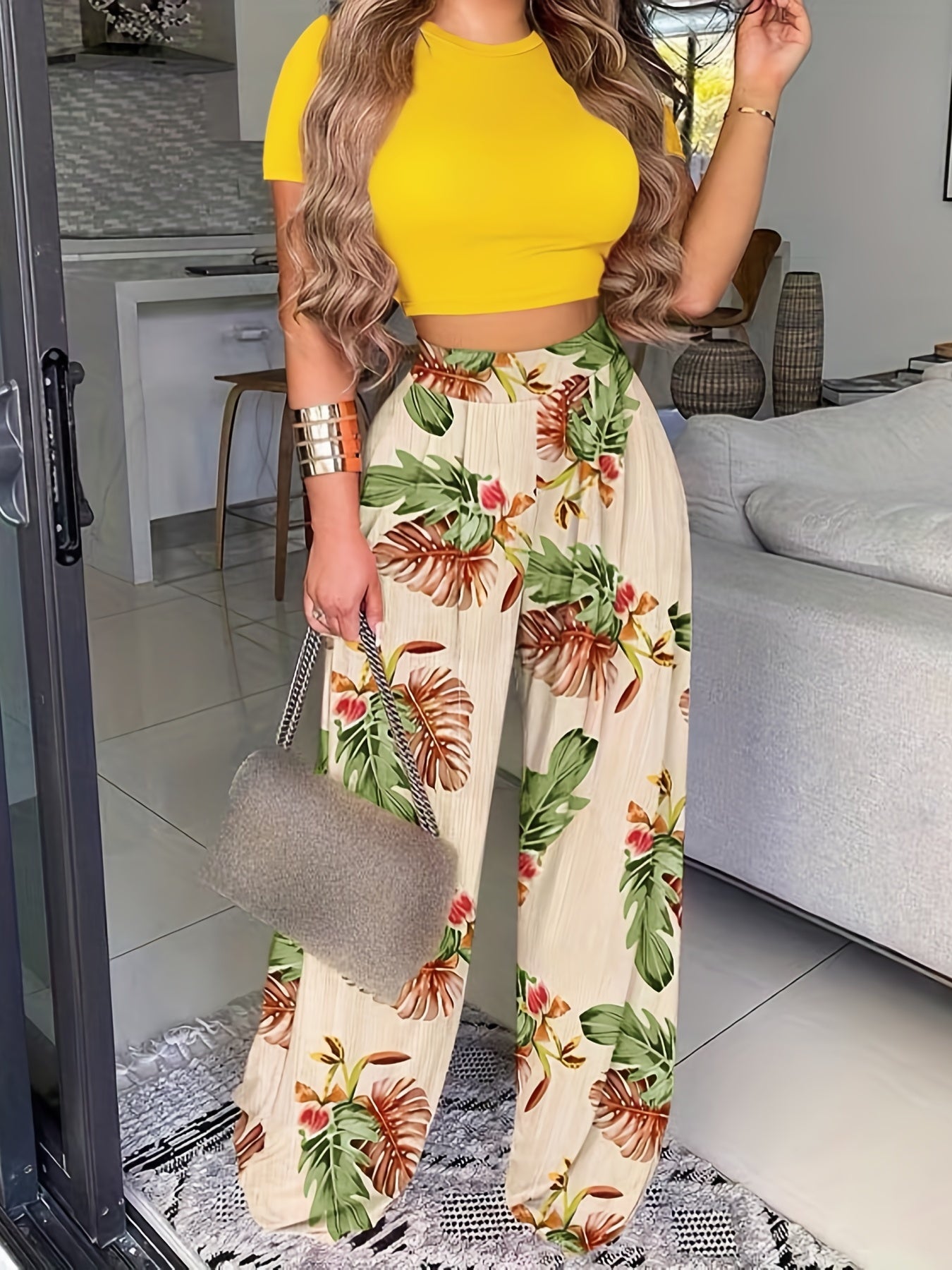 Boho Summer Two Pieces Set, Cropped Solid Short Sleeve T-shirt & High Waist Floral Print Wide Leg Pants Outfits, Women's Clothing