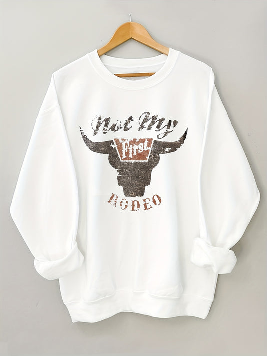 Sixsr Cow Head Print Crew Neck Pullover, Casual Fashion Loose Long Sleeve Sweatshirt, Women's Clothing