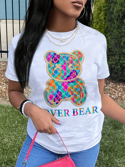 Bear Print Crew Neck T-Shirt, Casual Short Sleeve T-Shirt For Spring & Summer, Women's Clothing