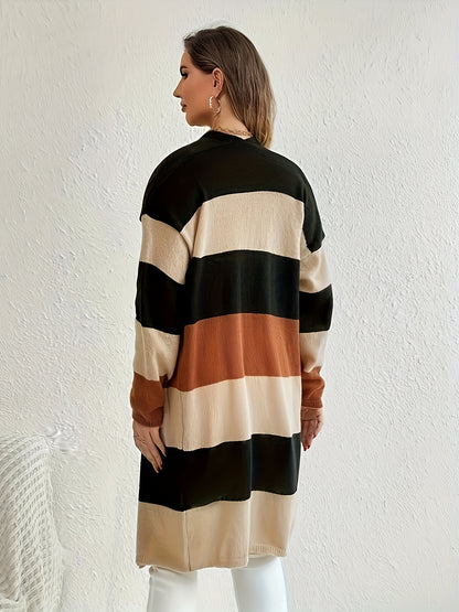 Color Block Striped Open Front Cardigan, Casual Long Sleeve Cardigan, Women's Clothing