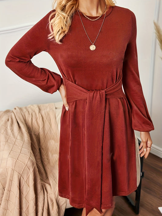Sixsr Solid Tie Front Dress, Casual Crew Neck Long Sleeve Dress, Women's Clothing
